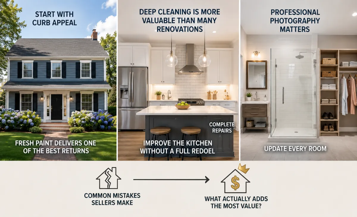 Infographic showing the best home improvements to increase home value before selling in Falls Church, VA, including curb appeal, kitchen updates, deep cleaning, professional photography, and home repairs by The Mike Webb Team.