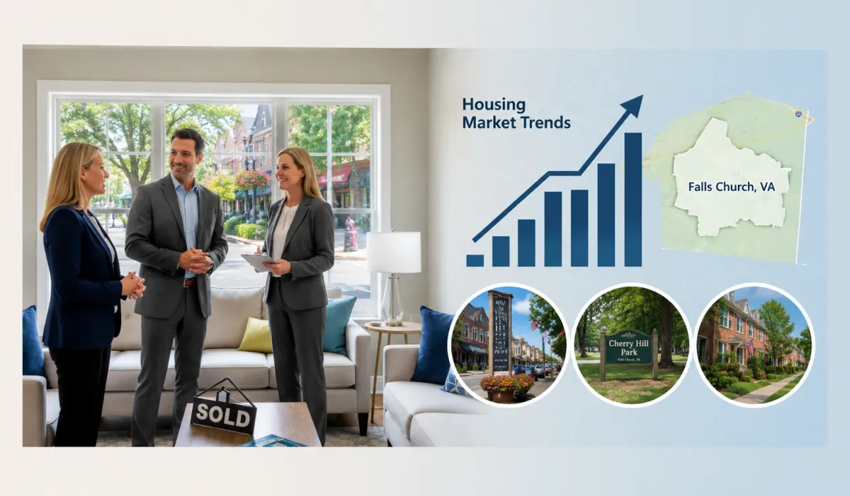 Real estate professionals discussing Falls Church, VA housing market trends with local neighborhood insights, home values, and selling strategies from The Mike Webb Team.