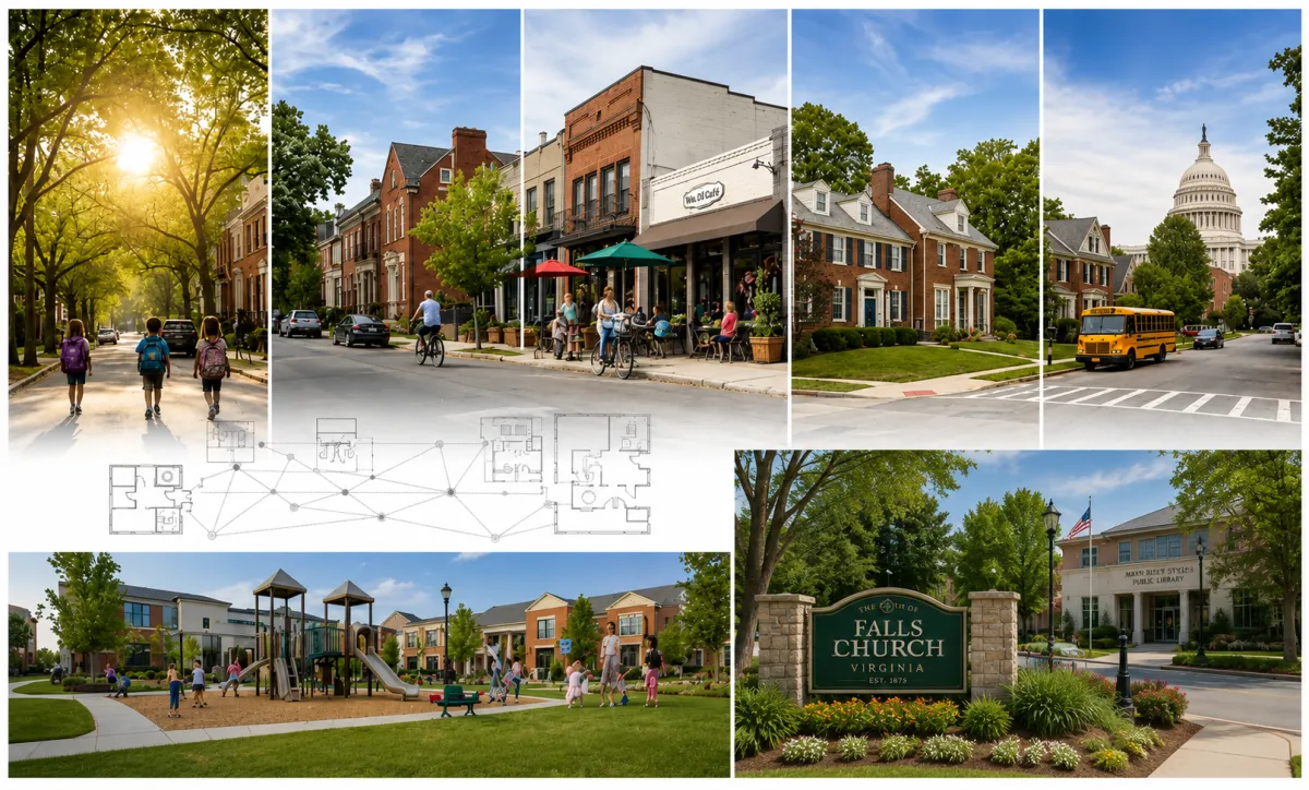 Collage featuring Falls Church, VA neighborhoods, local businesses, parks, schools, and community landmarks, illustrating the lifestyle and amenities that attract home buyers.