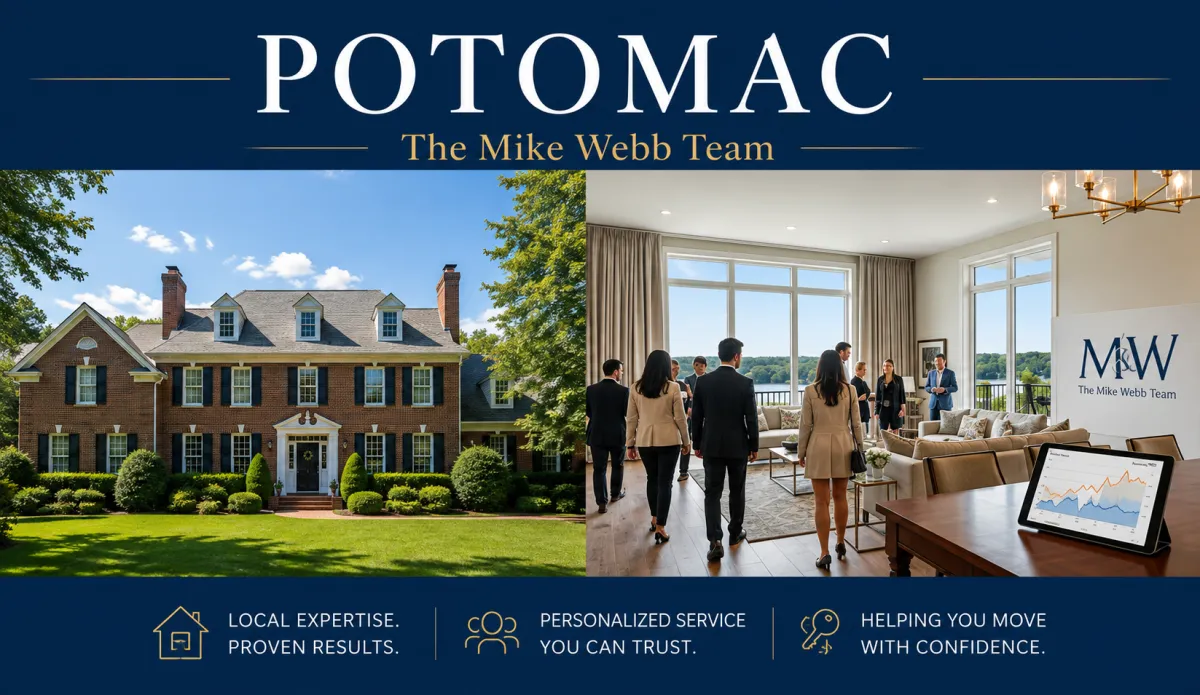 Potomac home exterior with for sale sign in front yard
