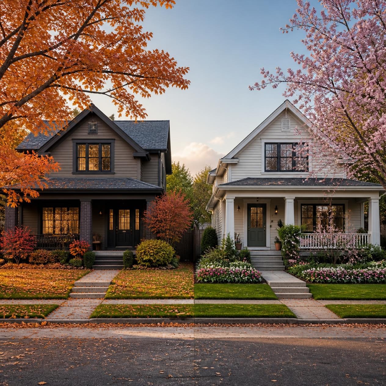 Two house with diffrent season the season is fall and spring a realistic image