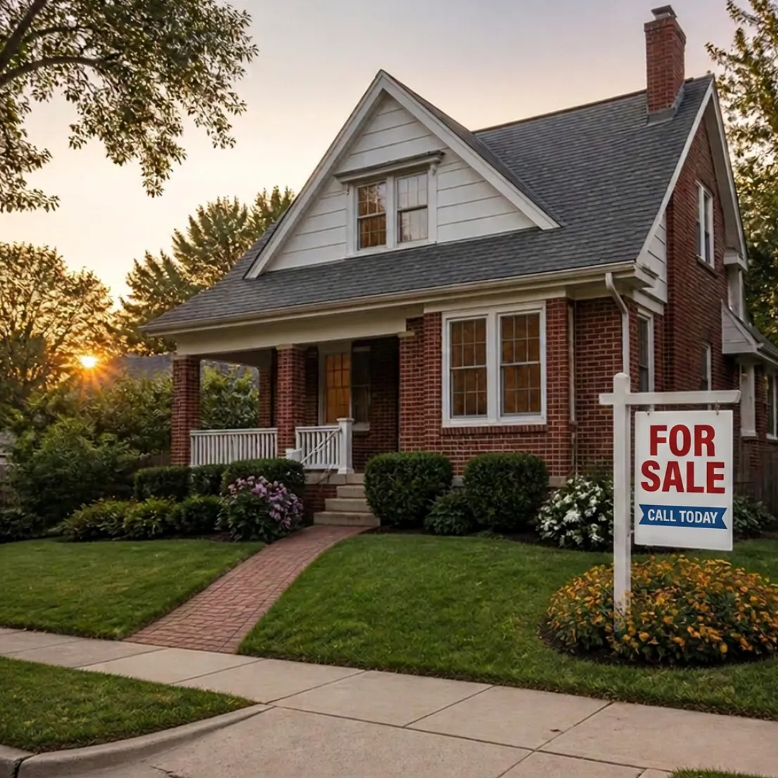 Charming Lyon Village home at golden hour with for-sale sign