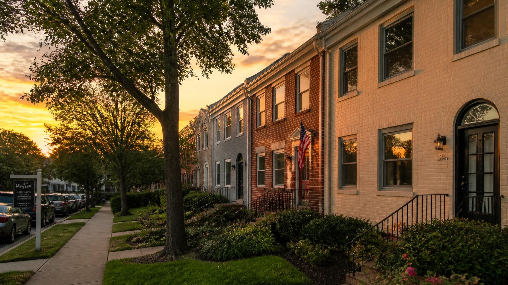 Douglas Park Arlington VA townhomes at sunset with trees and sidewalks
