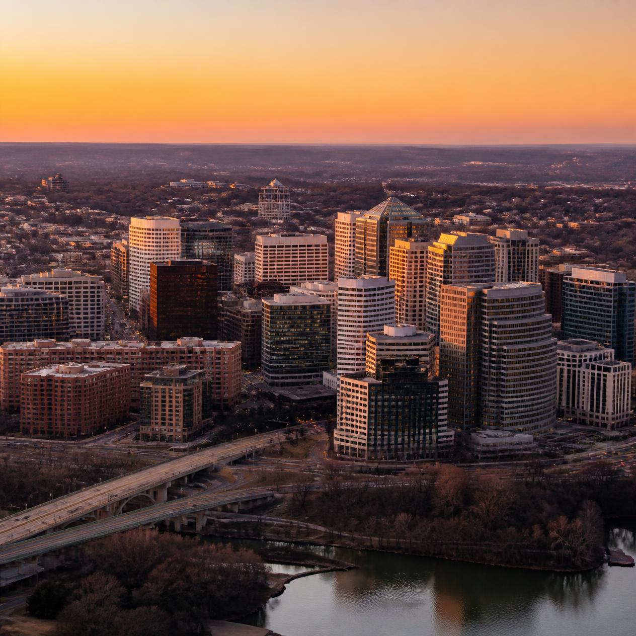 Aerial view of Arlington VA skyline at sunset with Rosslyn high-rises