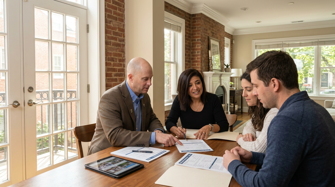 Couple reviewing home sale paperwork with agent in Arlington townhouse