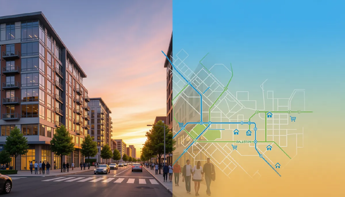 Street-level view of Ballston condos at sunset with people walking