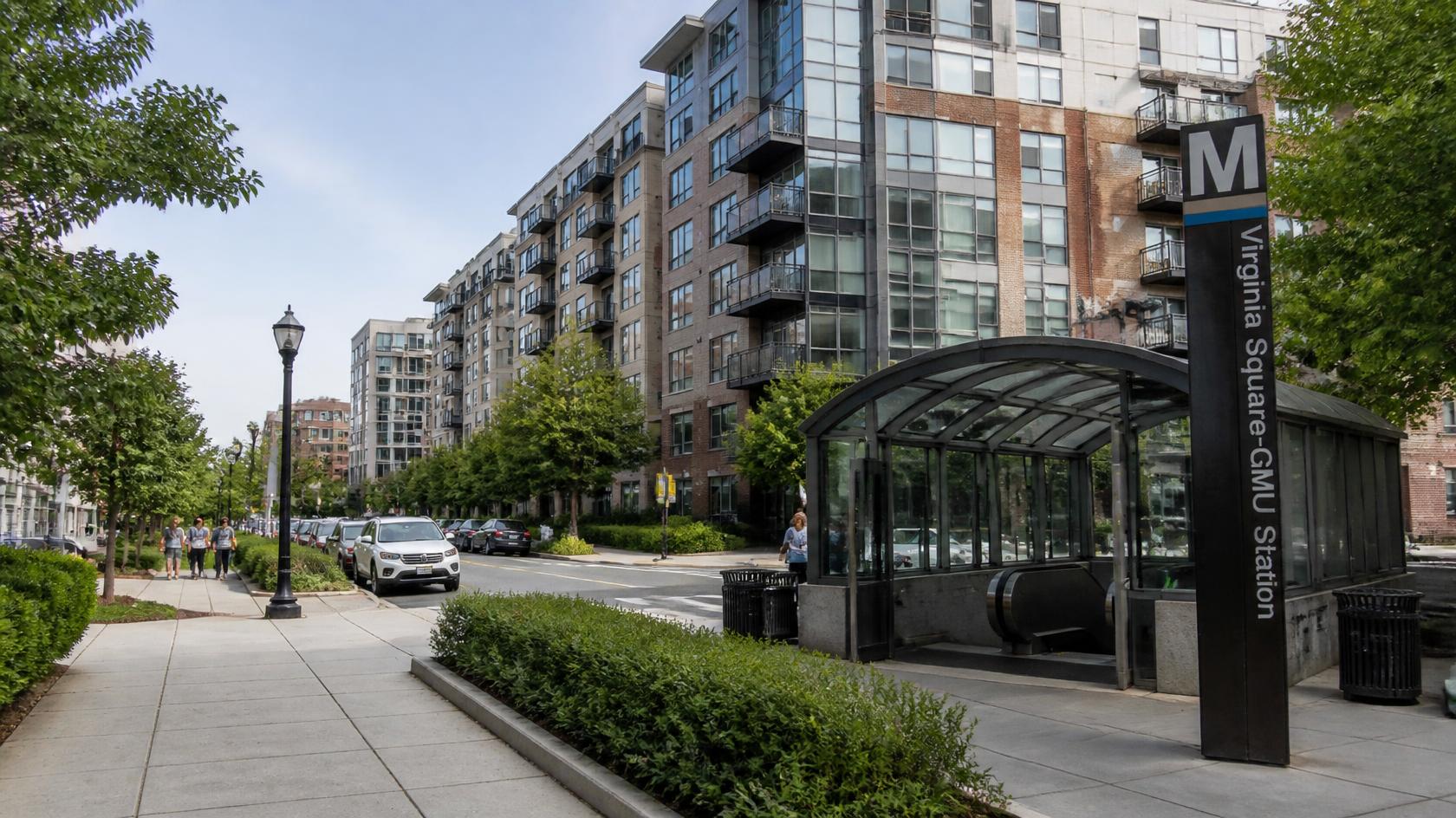 Modern Arlington VA neighborhood with condos and Metro entrance