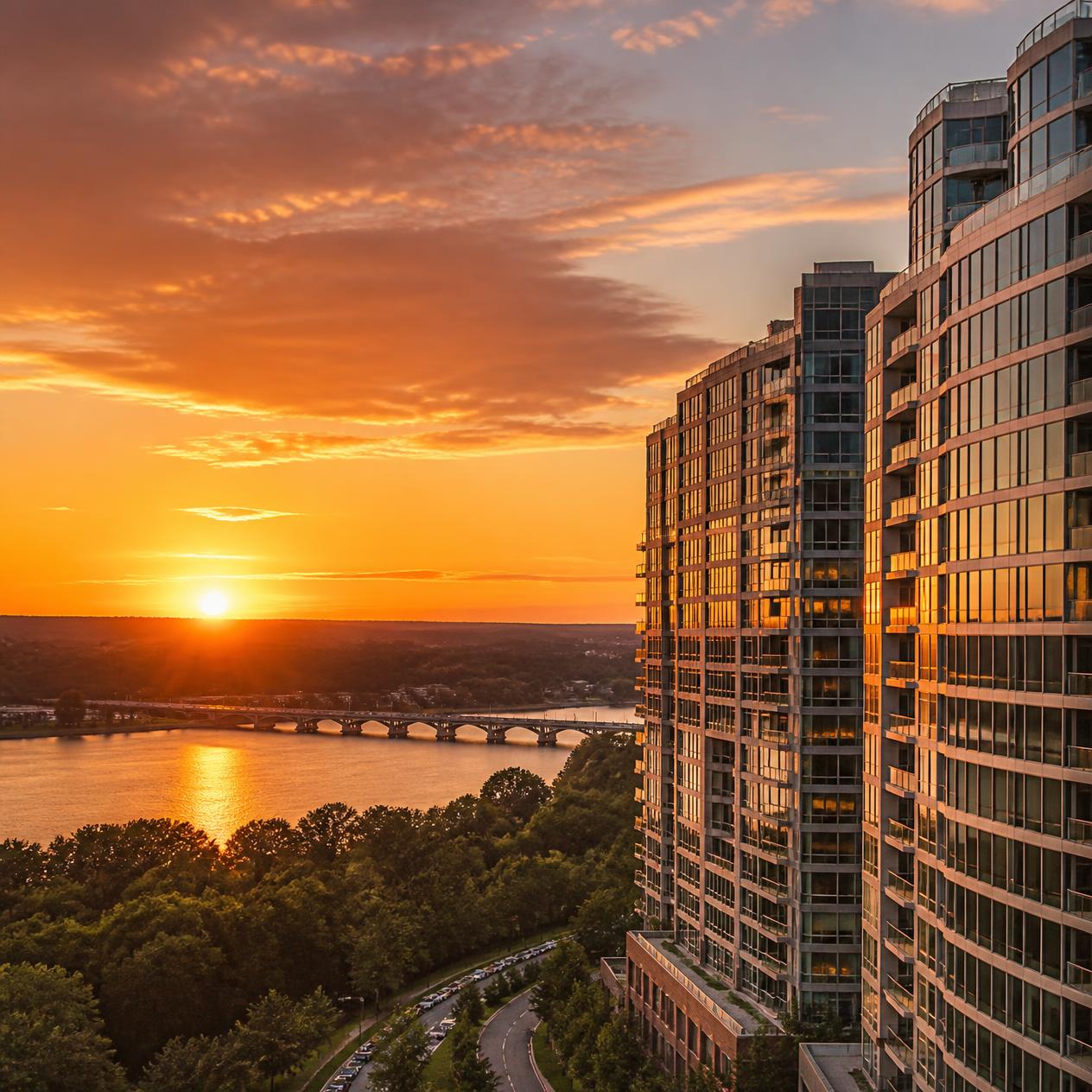 Rosslyn high-rise condos with Potomac River at sunset 