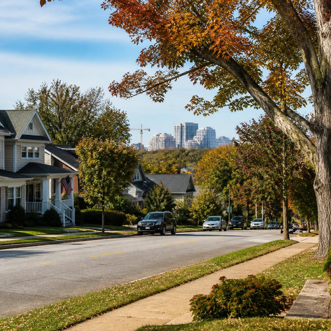 Cherrydale streetscape with single-family homes and Arlington skyline