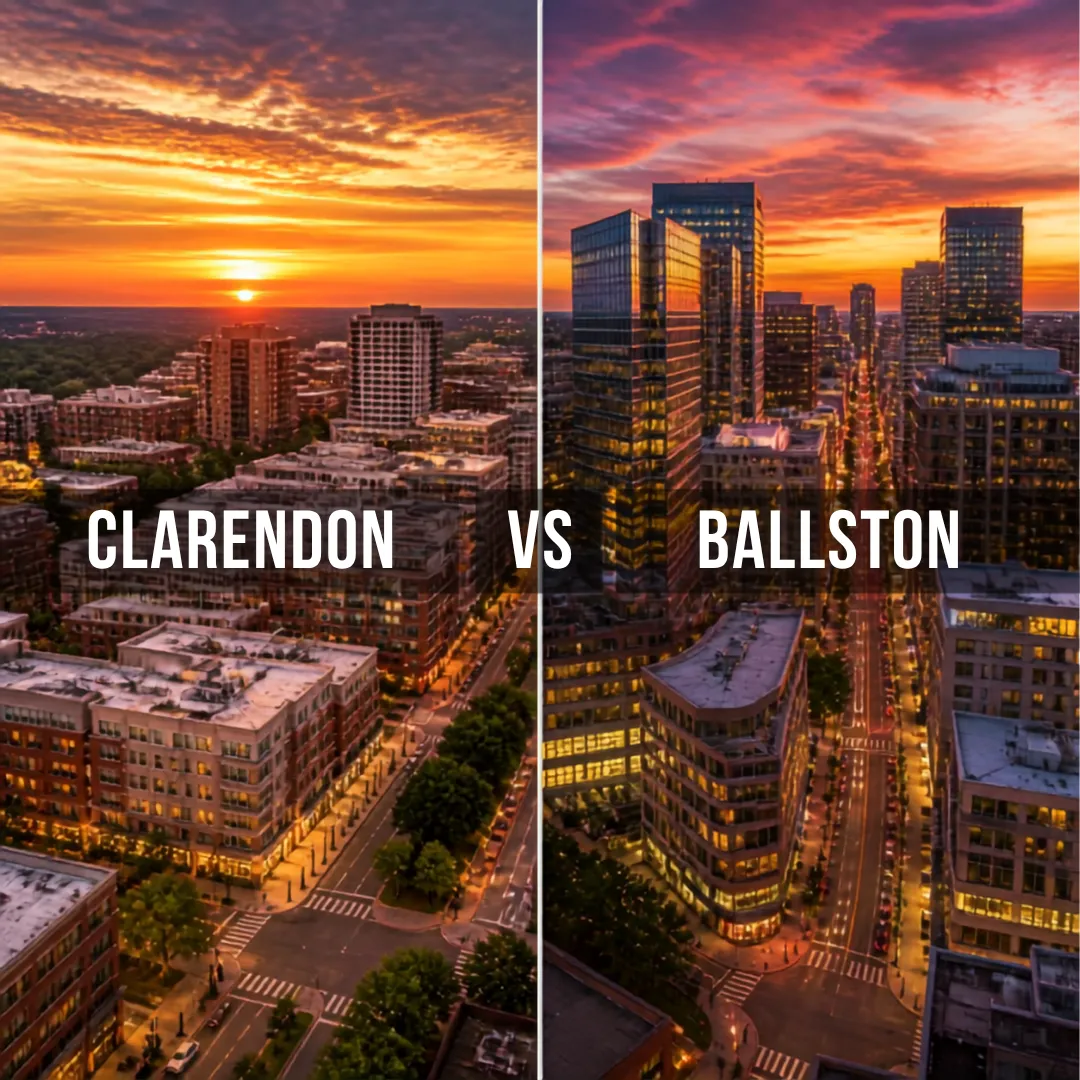 Aerial view of Clarendon and Ballston skylines at sunset