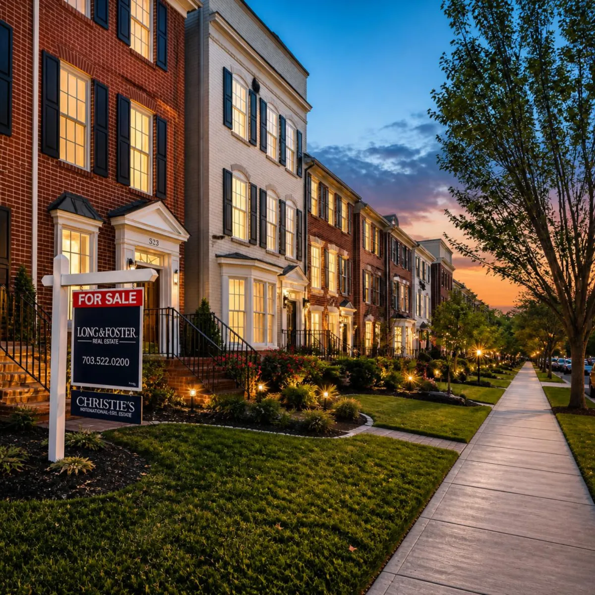 Wide-angle view of Arlington VA townhouse street at dusk with for-sale sign