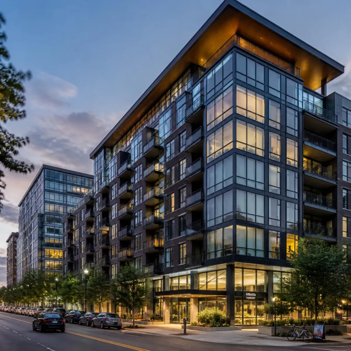Street-level view of modern Arlington condo buildings at dusk