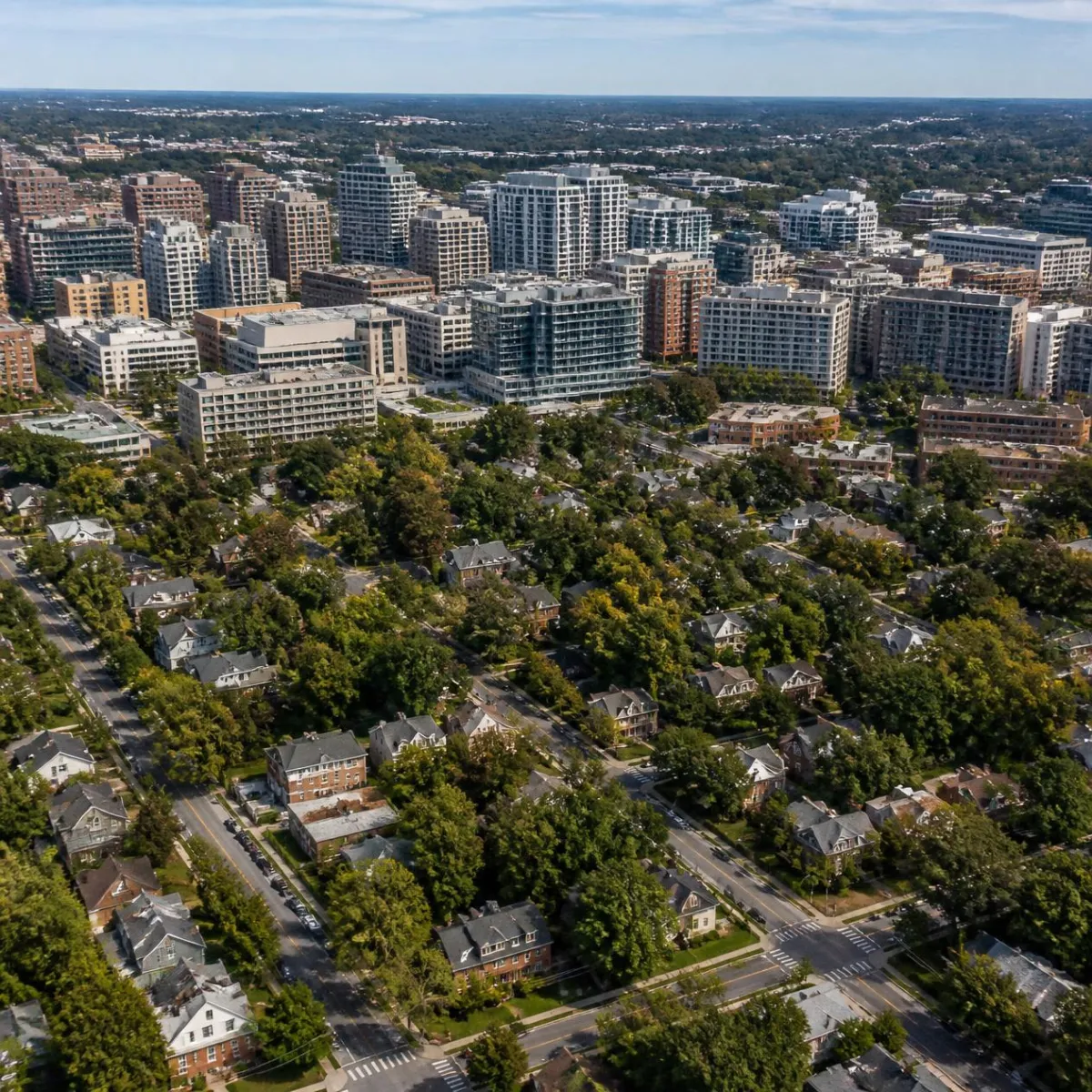 Aerial view of Arlington VA with high-rises in the north and low-rise homes in the south