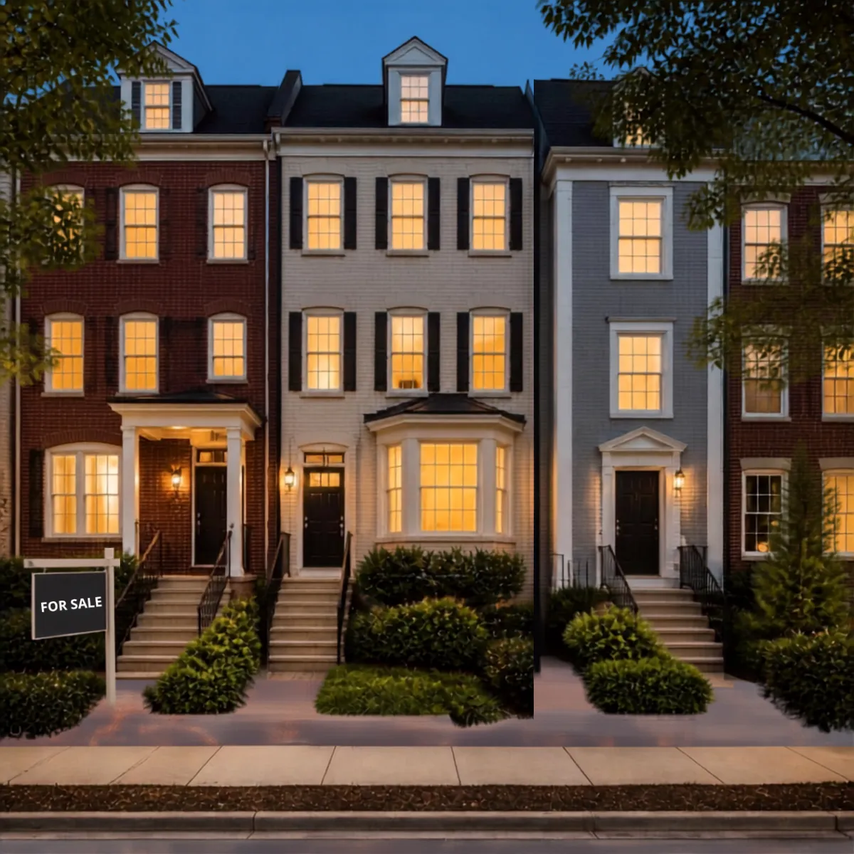 Arlington Virginia townhomes at dusk with for sale sign