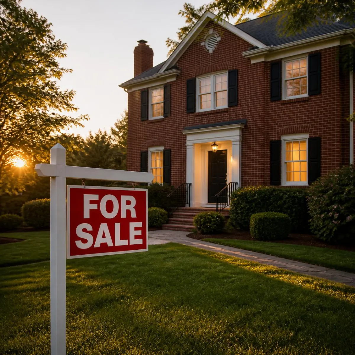 For-sale sign in front of a brick Arlington home at sunset