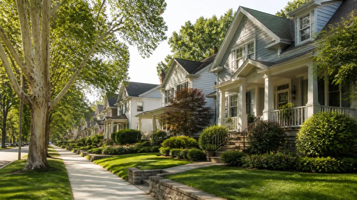 Suburban Arlington street with well-kept homes in afternoon light