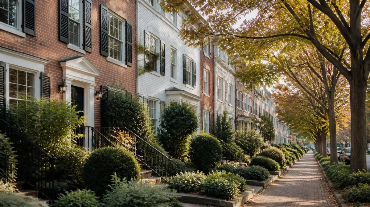 Arlington Virginia neighborhood street in early fall with townhomes