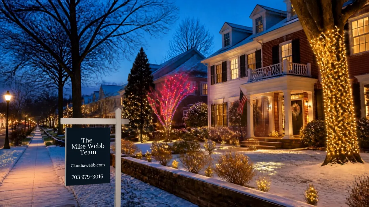 Arlington VA neighborhood with holiday lights and For Sale sign