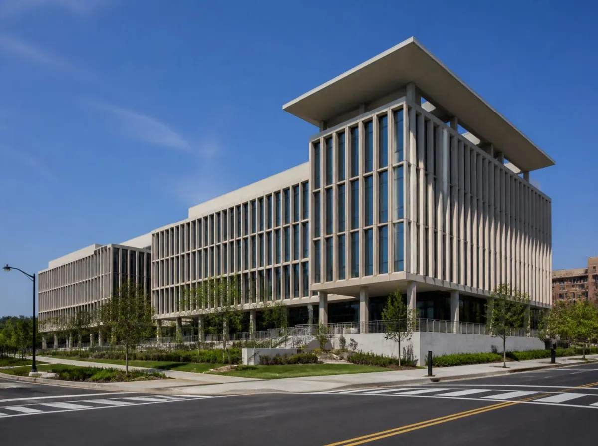 Modern academic building with students outside, glass and brick facade
