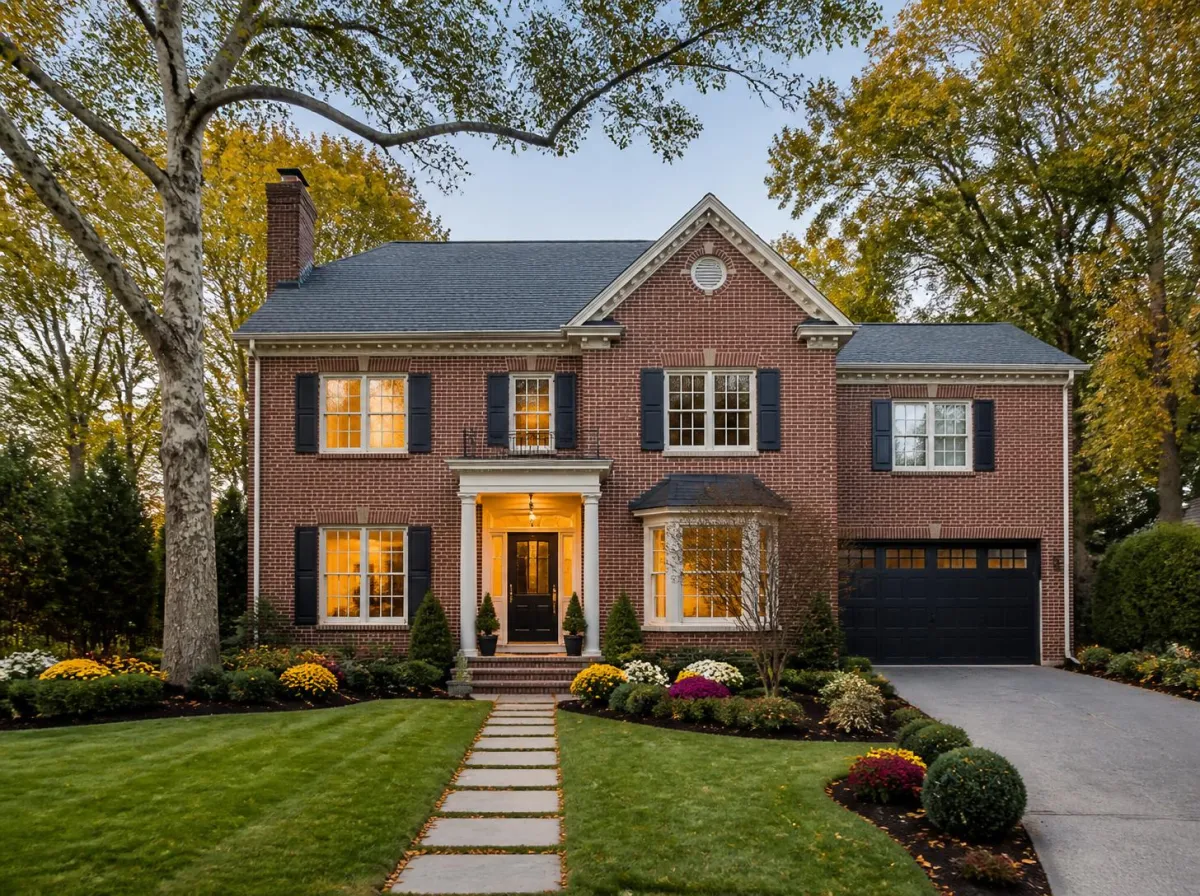Exterior of Arlington VA brick home with fresh landscaping in fall