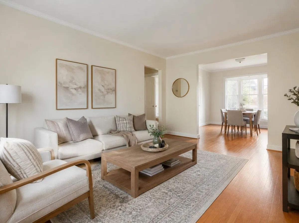 Neutral-toned living room with freshly painted beige walls in Arlington home