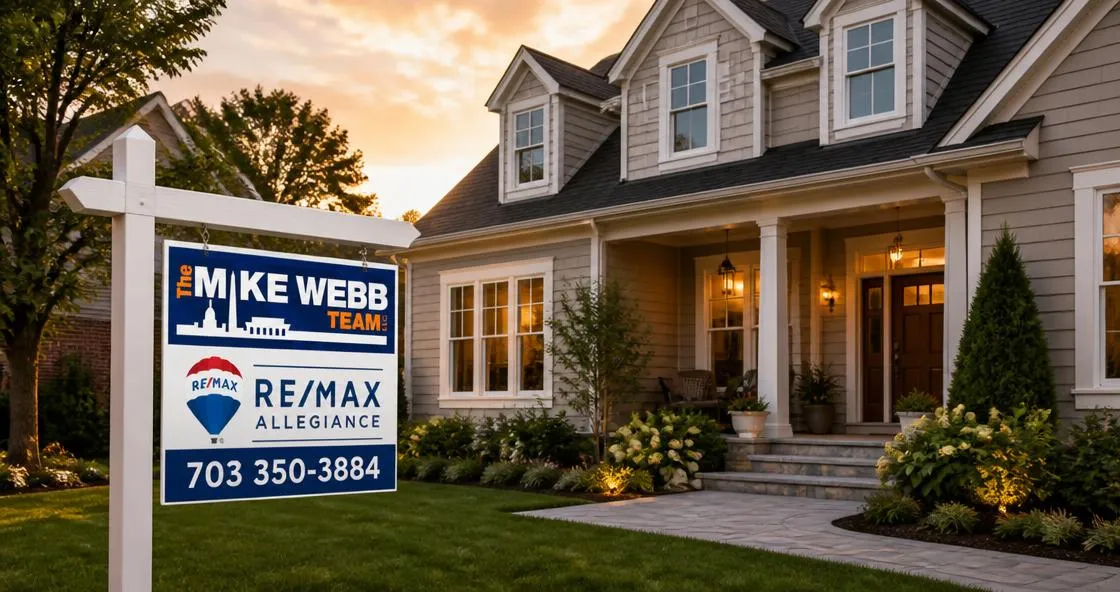 Neutral-toned Arlington home exterior at sunset with for-sale sign