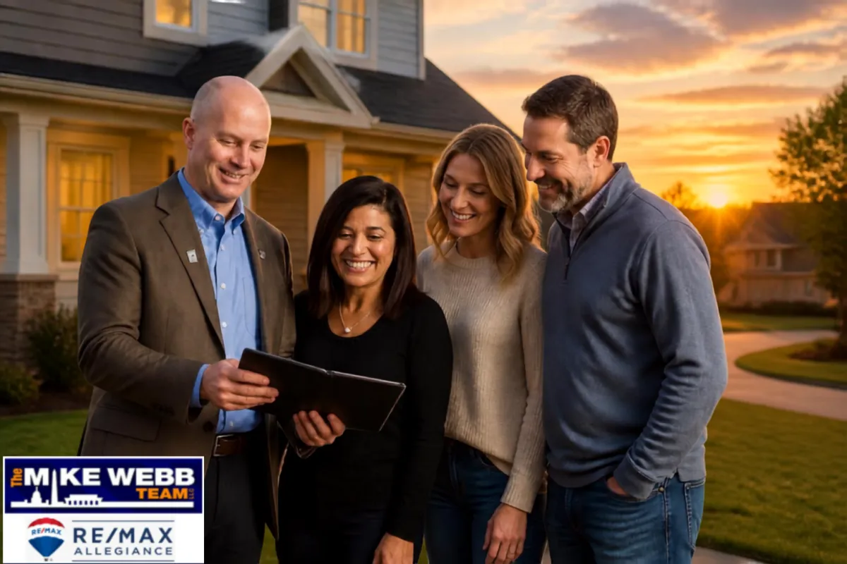 Arlington VA brick home at sunset with agent and homeowner