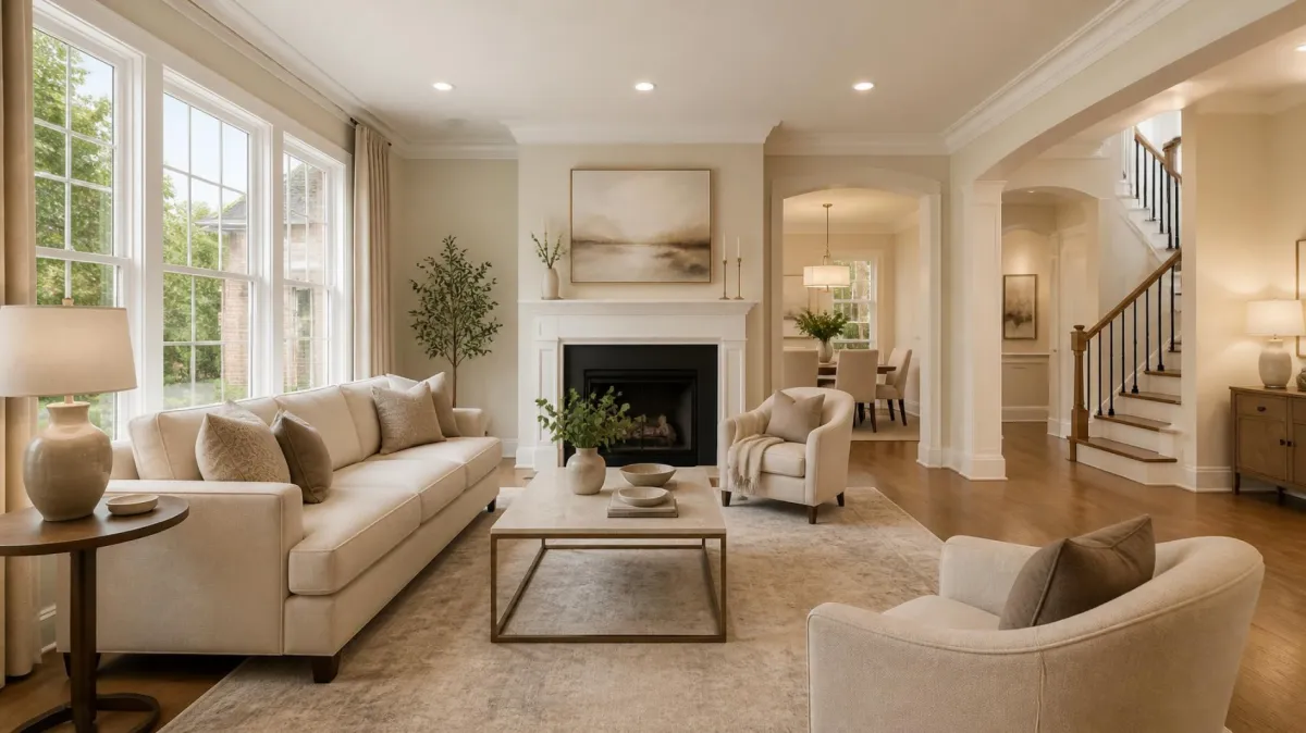 Neutral-toned living room in Arlington VA with hardwood floors