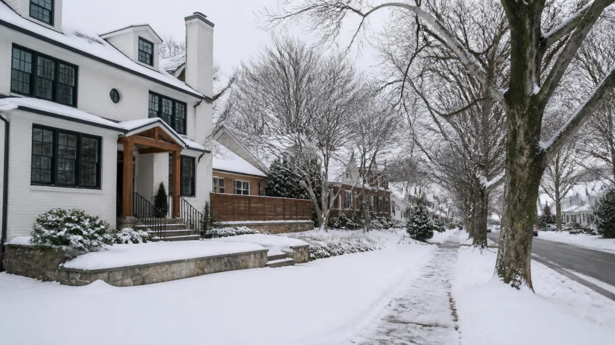 Suburban Arlington street with winter snow and updated homes