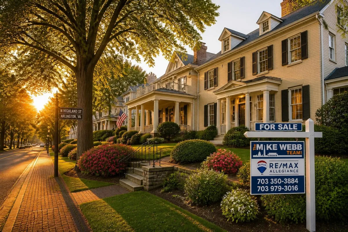Arlington VA neighborhood street with For Sale sign at sunset