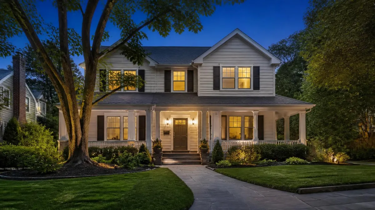 Exterior of Arlington VA home at twilight with tidy landscaping