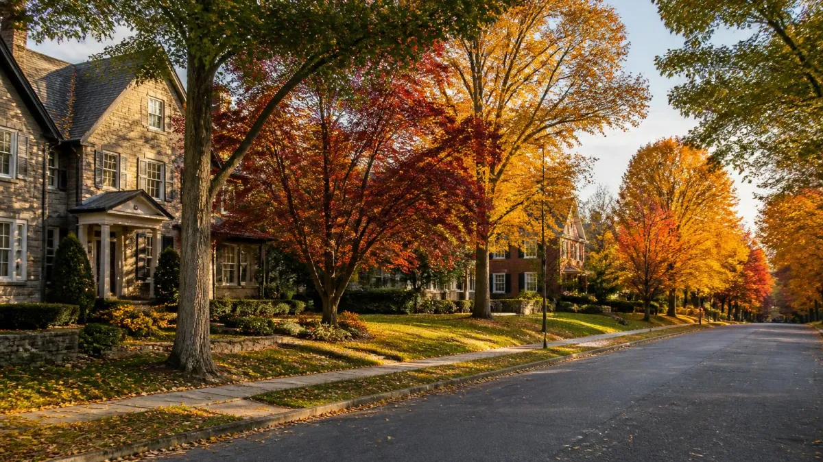 Suburban Arlington street with homes and autumn foliage
