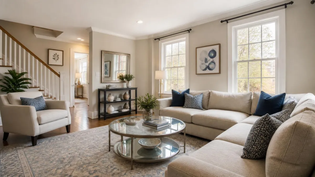Well-staged Arlington VA townhouse living room during open house