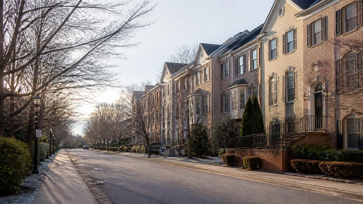 Arlington VA townhouse street on a late-winter morning