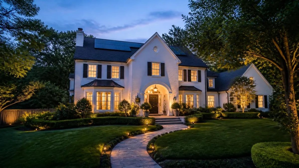 Twilight view of Arlington home with warm lights and manicured landscaping