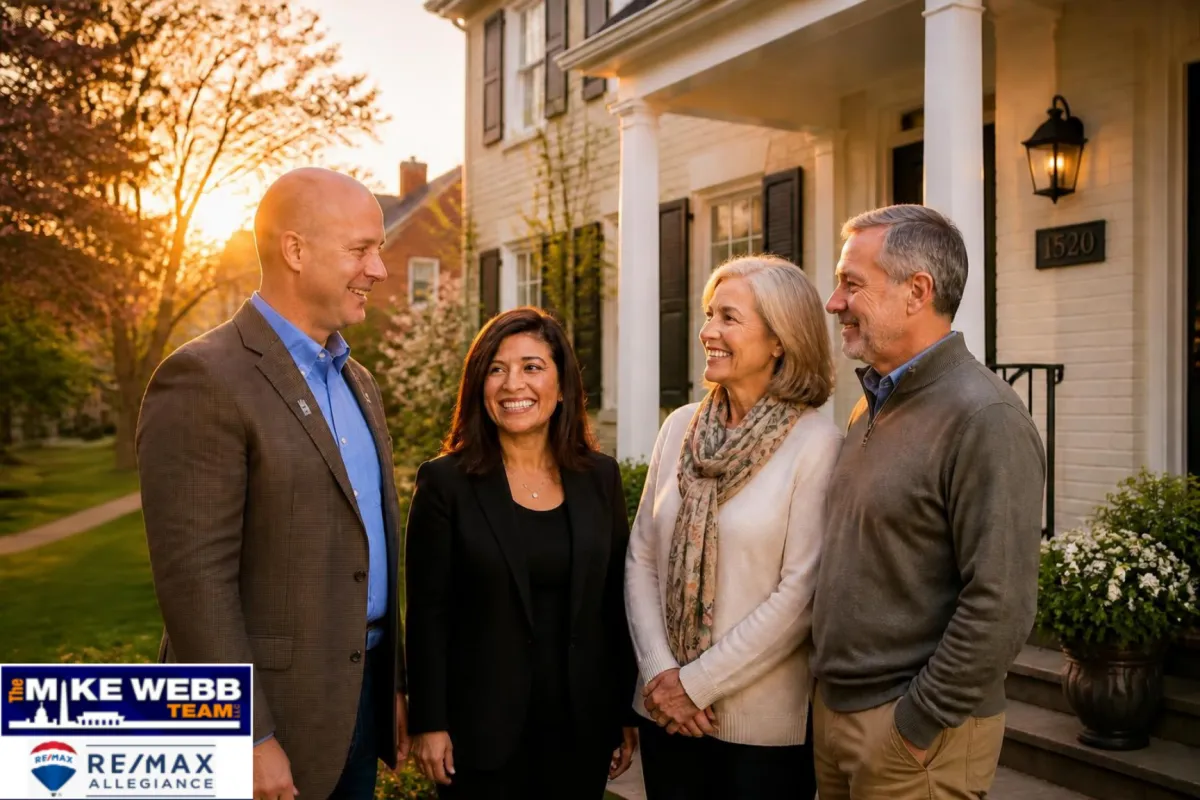 Mature couple with real estate agent outside Arlington home at sunset