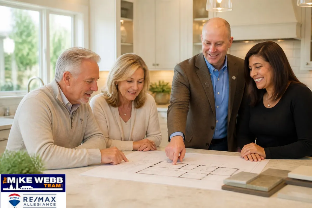 Mature couple reviewing floor plans with real estate agent