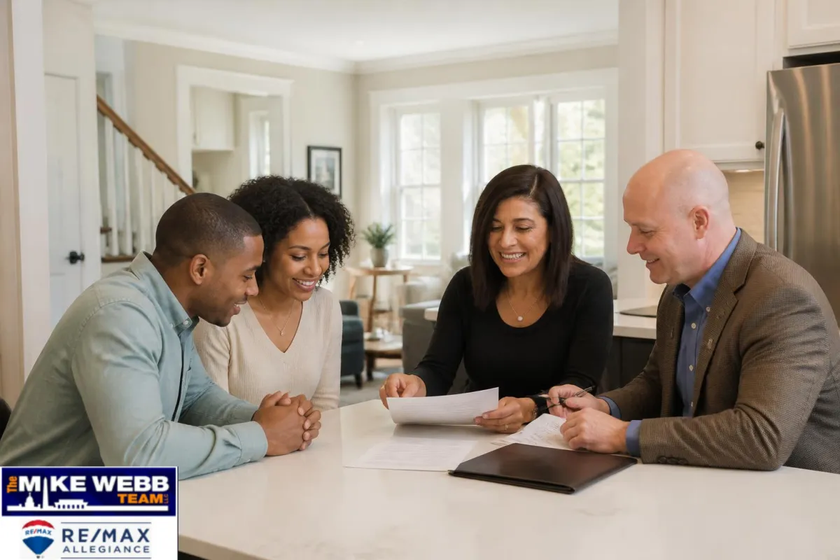 Couple reviewing real estate documents with agent in Arlington home