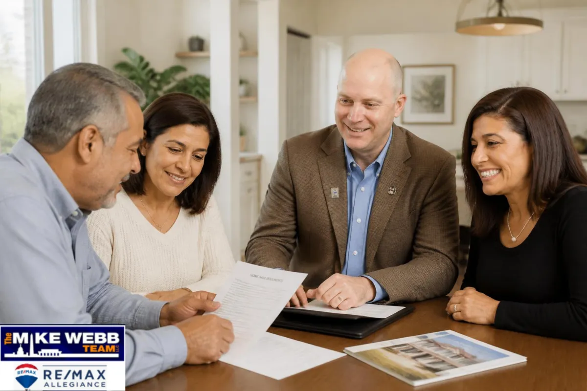 Mature couple with real estate agent reviewing home sale documents