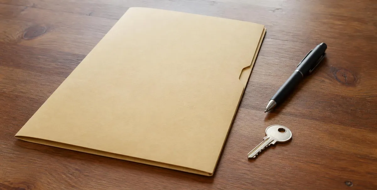 Close-up of mortgage papers, pen, and house key on table