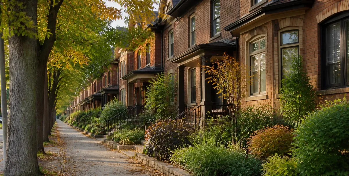 Row of brick homes on a tree-lined street in Arlington VA