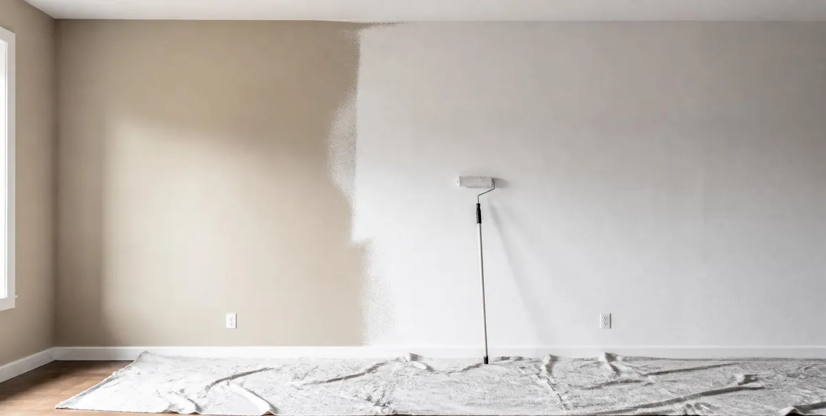Half-painted white wall with a paint roller and a drop cloth.