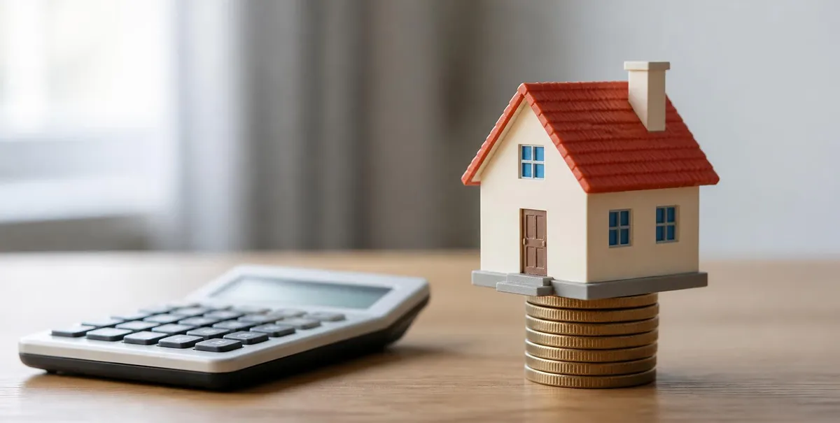 Small model house on a stack of coins beside a calculator.