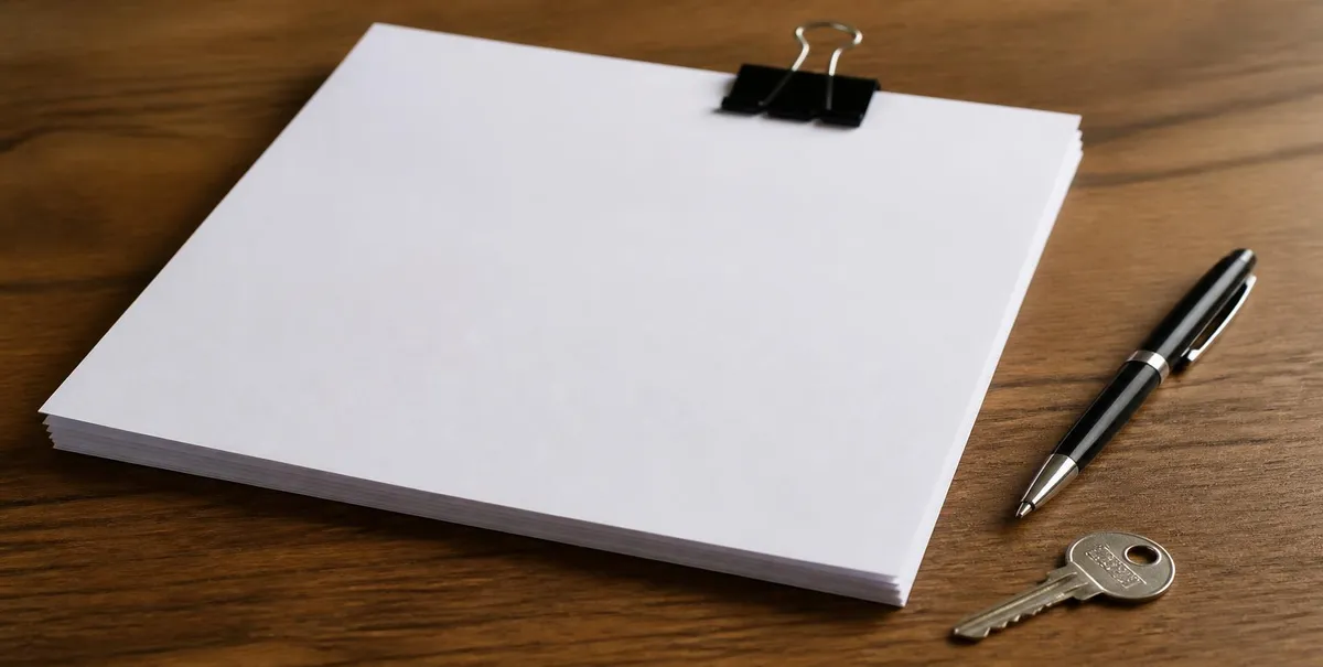 Stack of blank papers with a binder clip, a pen, and a house key on a wooden desk.