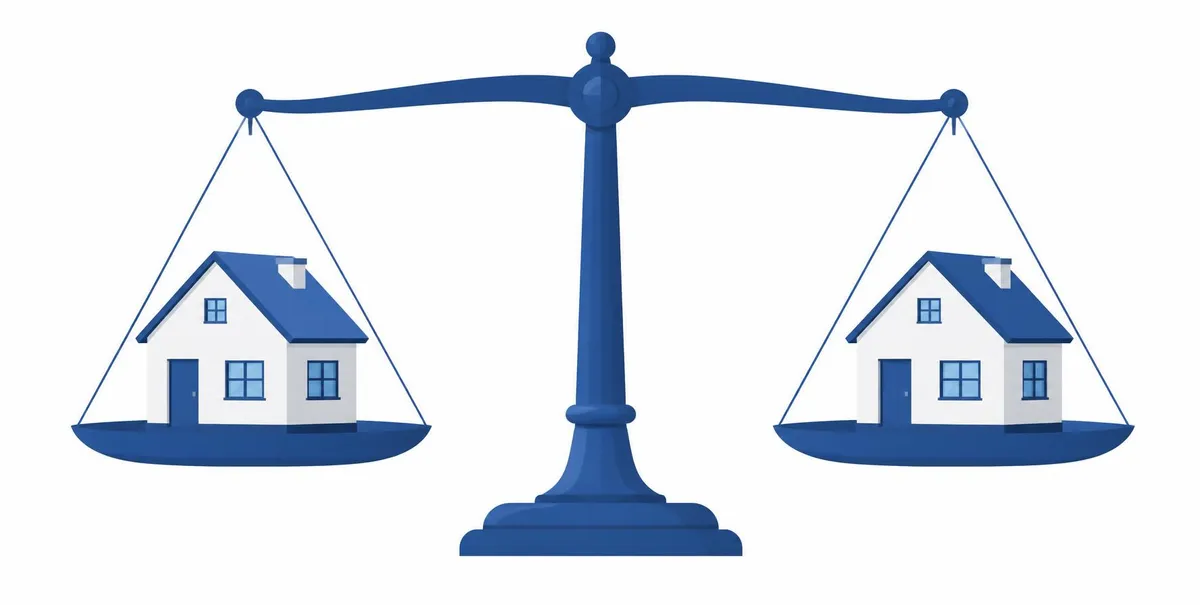Illustration of balance scale with houses representing market balance
