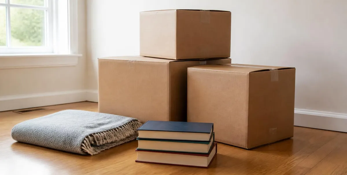Three cardboard boxes beside a folded blanket and a stack of books in a bright room.