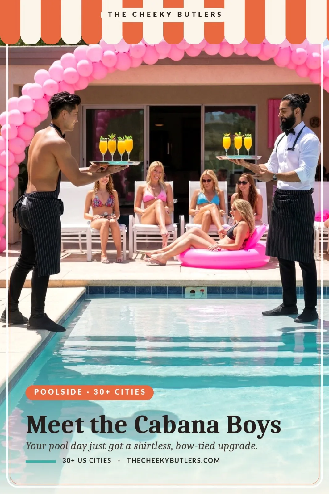 Cabana boy in a bow tie at a bachelorette pool party — what is a cabana boy