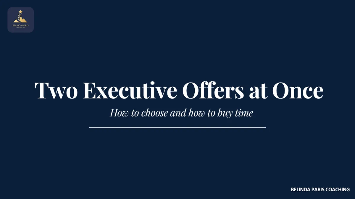 Senior executive comparing two job offers at a desk