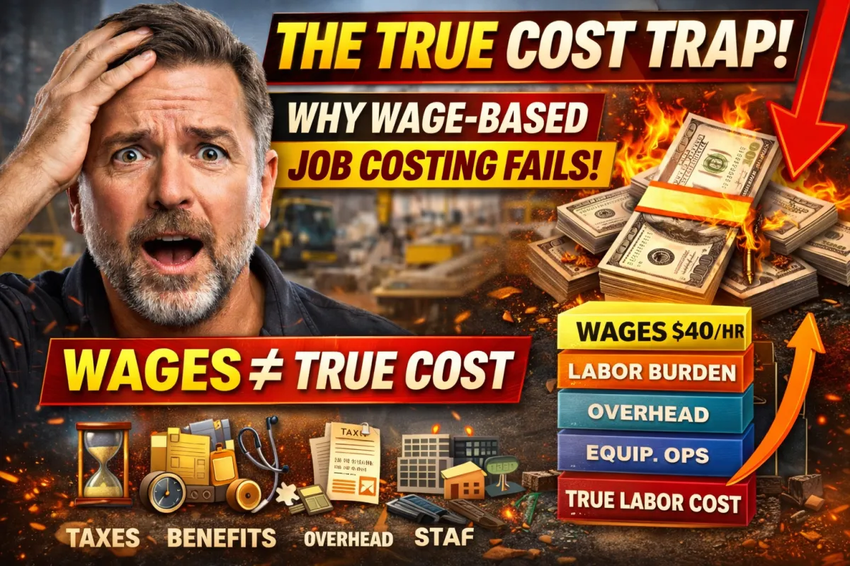 Shocked contractor discovering the true labor cost trap showing wages versus fully burdened labor cost including taxes, benefits, and overhead.