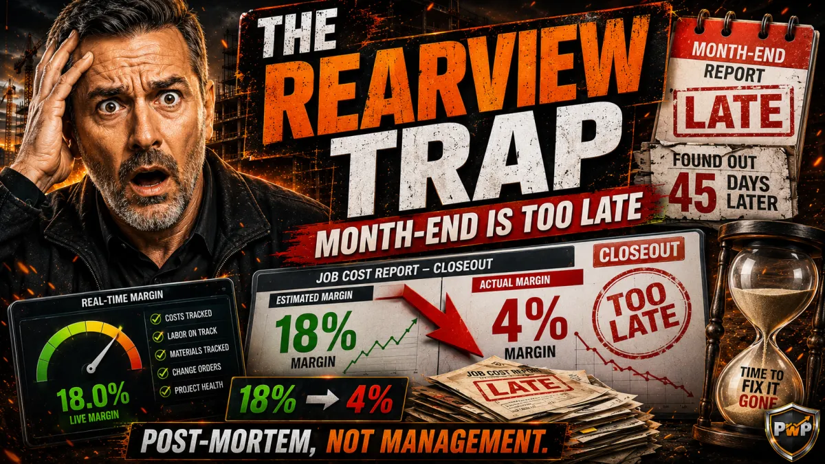Contractor staring at month-end job cost report showing 4% margin — the rearview trap in construction